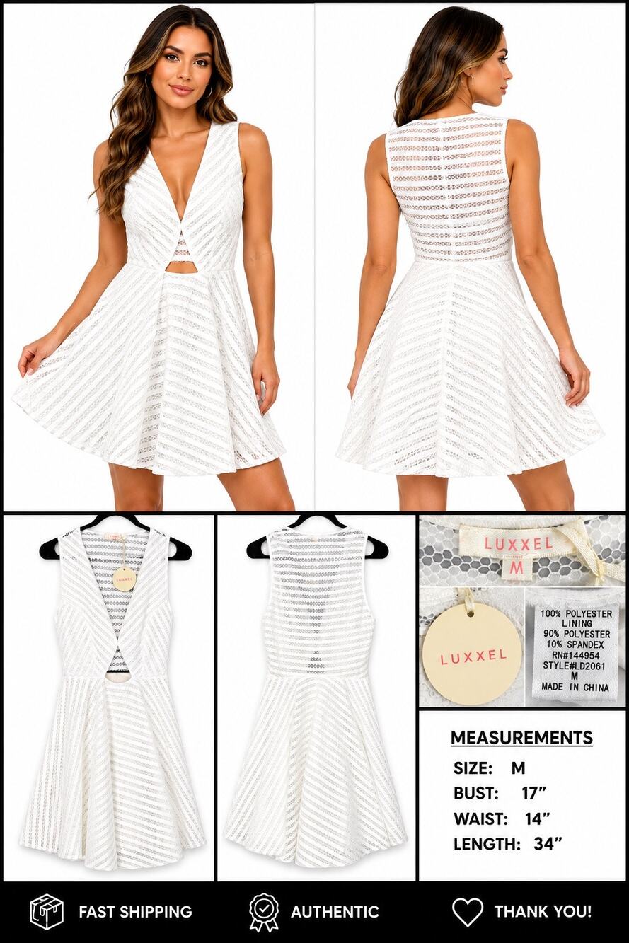 Luxxel White Sleeveless Fit & Flare Dress Mesh Stripe Cutout Size M NWT